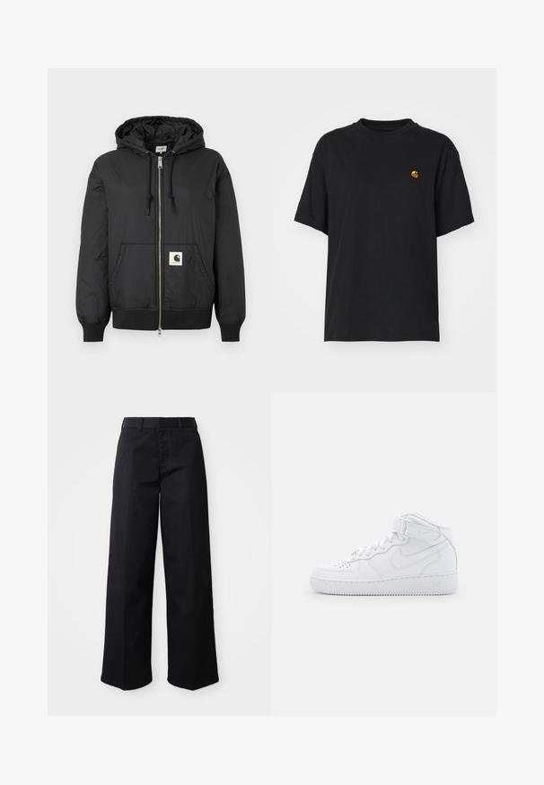 Must mustaga, millel on ees lukk, soonikkoesde ja alumise ääre soonik, ning ruudukujuline logo plaastriga alumises ees. Valmistatud kergest, siledast kangast.; Must must särk lõdva lõikega. Omab ümmargust kaelust ja lühikesi varrukaid. Rinnal on väike kuldne tikandiga logo.; Mustad laiad püksid, mis on valmistatud pehmest puuvillakangast. Omab klassikalist vöökohta, küljetaskuid ja sirget lõike püksijala lõpus.; Valged kõrged tennisekesed, mis on valmistatud nahast, pehmendatud krae, augustatud varvas, nöörid ja reguleeritav pahkluu rihm; logo külgedel.