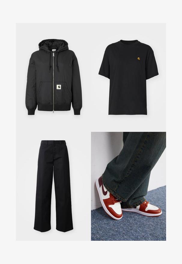 Fekete, kapucnis dzseki, elöl cipzárral, bordázott mandzsettákkal és hempergő aljjal, az alsó elején egy négyzet alakú logóval. Könnyű, sima anyagból készült.; Fekete pamut póló laza szabással. Kerek nyakkal és rövid ujjakkal rendelkezik. A mellkason egy kis arany hímzett logó található.; Fekete, bő szárú nadrág puha pamut anyagból. Klasszikus derékrésszel, oldalsó zsebekkel és egyenes szabással a szegélyig.; Piros és fehér bőr sportcipők perforált orral, fehér gumitalppal és bordó részletekkel. Sötét farmernadrággal viselve egy kék szőnyegen.