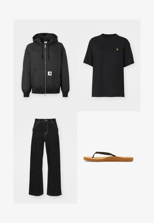 Must mustaga, millel on ees lukk, soonikkoesde ja alumise ääre soonik, ning ruudukujuline logo plaastriga alumises ees. Valmistatud kergest, siledast kangast.; Must must särk lõdva lõikega. Omab ümmargust kaelust ja lühikesi varrukaid. Rinnal on väike kuldne tikandiga logo.; Mustmustest mustadest denimist, millel on kontrastsed valged õmblused ja esine nupp, kahe nurga all asuva esipocketiga.; Pruunist punutud rihmaga plätud pehme tallaga ja pruuni jalapadjaga, millel on ümar disain ja tekstureeritud kummist välistald haarduvuse tagamiseks.