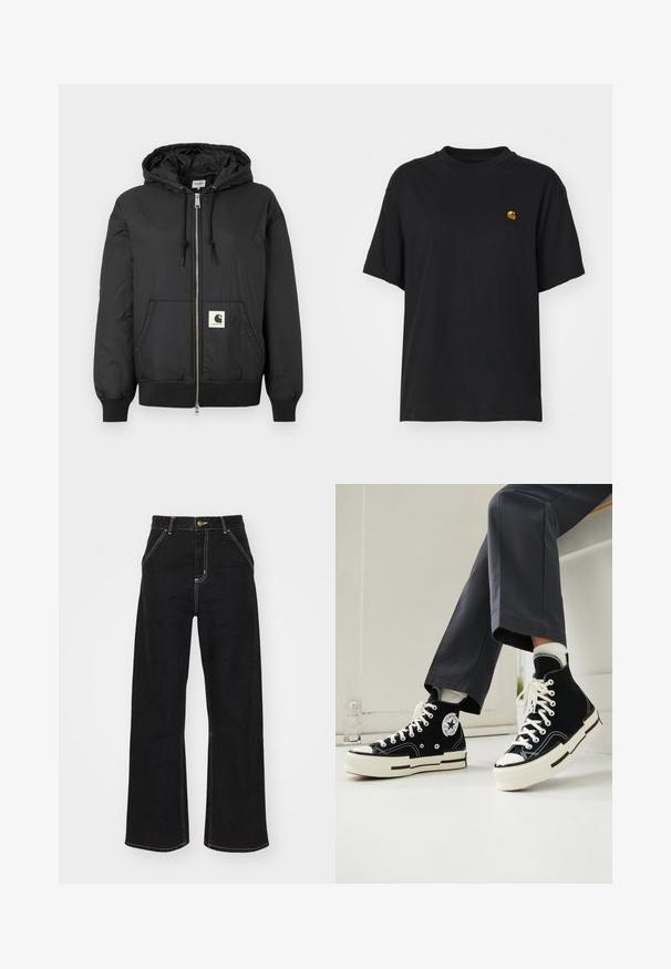 Must mustaga, millel on ees lukk, soonikkoesde ja alumise ääre soonik, ning ruudukujuline logo plaastriga alumises ees. Valmistatud kergest, siledast kangast.; Must must särk lõdva lõikega. Omab ümmargust kaelust ja lühikesi varrukaid. Rinnal on väike kuldne tikandiga logo.; Mustmustest mustadest denimist, millel on kontrastsed valged õmblused ja esine nupp, kahe nurga all asuva esipocketiga.; Mustauksest kangast kõrged tennis shoes rubber toe cap'iga, valged nöörid ja Converse'i logoga silt. Omab kontrastset valget tallat ja õmblusi.