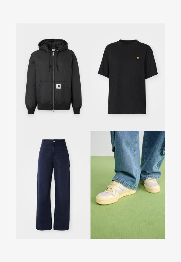 Fekete, kapucnis dzseki, elöl cipzárral, bordázott mandzsettákkal és hempergő aljjal, az alsó elején egy négyzet alakú logóval. Könnyű, sima anyagból készült.; Fekete pamut póló laza szabással. Kerek nyakkal és rövid ujjakkal rendelkezik. A mellkason egy kis arany hímzett logó található.; Tengerészkék, bővebb, cargo stílusú nadrág strapabíró pamutból, oldalsó zsebekkel és gombos derékmegoldással.; Krém színű felsőrésszel és texturált gumitalppal készült sportcipők, perforált részletekkel és világoskék, valamint bézs árnyalatú rétegezett díszítésekkel.