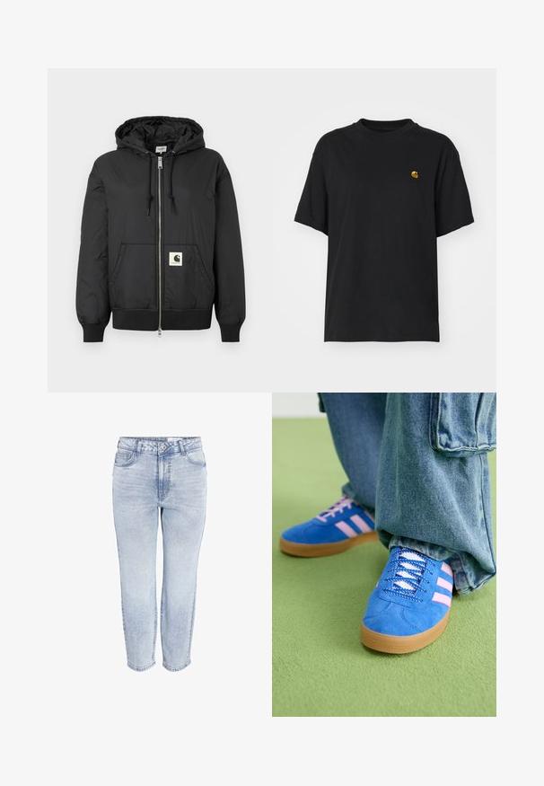 Jachetă neagră cu glugă, cu fermoar frontal, manșete și tiv ribbate și un patch pătrat cu logo în partea inferioară din față. Fabricată dintr-un material ușor și neted.; Tricou din bumbac negru, cu o croială lejeră. Are guler rotund și mâneci scurte. Include un mic logo brodat auriu pe piept.; Blugi drepti, de talie înaltă, de culoare albastru deschis, cu nasture frontal, fermoar și cinci buzunare, pe un fundal alb.; Pantofi din piele întoarsă albaștri cu dungi roz și șireturi albe, având o talpă din cauciuc gumat, asortați cu pantaloni din denim largi pe o suprafață verde.