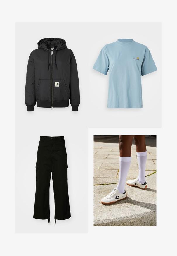Chaqueta negra con capucha y cremallera en el frente, puños y dobladillo acanalados, y un parche cuadrado con el logotipo en la parte inferior delantera. Hecha de una tela ligera y suave.; Camiseta de algodón de manga corta en azul claro con cuello redondo y pequeño logo de Carhartt en amarillo y rojo en el lado izquierdo del pecho.; Pantalones cargo negros de algodón, con piernas anchas, bolsillos laterales y dobladillos con cordón. El diseño incluye un cierre de botón en la cintura.; Zapatillas deportivas blancas con una superficie texturizada, detalles en negro y una suela de goma marrón, combinadas con calcetines blancos hasta la rodilla.