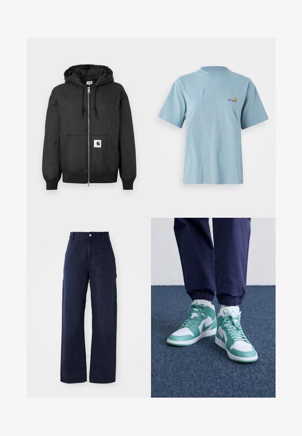 Črna kapučna jakna z zadrgo spredaj, rebrastimi manšetami in robom ter kvadratno logotipno nalepko na spodnjem sprednjem delu. Izdelana iz lahkega, gladkega materiala.; Svijetloplava kratkotrajna pamučna majica s kratkim rukavima, okruglog vrata i malim žutim i crvenim Carhartt logotipom na lijevoj strani prsnog koša.; Mornarsko modri široki cargo hlače iz trdnega bombažnega blaga, z bočnimi žepi in gumbom za zapiranje na pasu.; Visoke teniske z bele osnove s teal poudarki, teksturirano usnje in perforirano konico. Vključeni so vezalke in oblazinjen ovratnik.