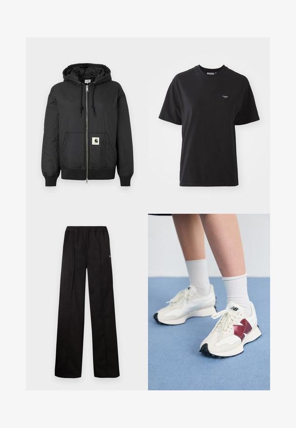 Schwarze Kapuzenjacke mit Reißverschluss, gerippten Bündchen und Saum sowie einem quadratischen Logo-Patch auf der unteren Vorderseite. Hergestellt aus leichtem, glattem Material.; Schwarzes Baumwoll-T-Shirt mit Rundhalsausschnitt, kurzen Ärmeln und einem kleinen herzförmigen Logo in der oberen linken Ecke. Glatte Textur, lockere Passform.; Schwarze, weit geschnittene Hose mit elastischem Bund. Hergestellt aus weichem Material mit minimalen Details, mit einem kleinen Logo an einer Seite.; Ein Paar weiße Sneakers mit kastanienbraunen Akzenten, strukturierten Paneelen, flacher schwarzer Außensohle und hellen Schnürsenkeln, getragen mit weißen Knöchelsocken.