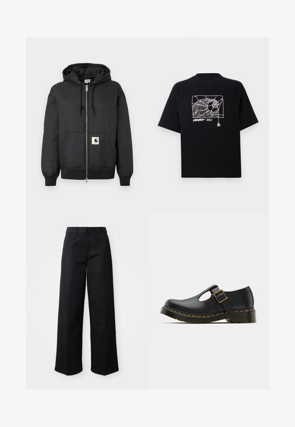 Black hooded jacket with a zip front, ribbed cuffs and hem, and a square logo patch on the lower front. Made from lightweight, smooth fabric.; Black T-shirt made of cotton with short sleeves. Features a white spider web graphic and logo on the front. Simple rounded neckline.; Black wide-leg pants made of soft cotton fabric. Features a classic waistband, side pockets, and a straight cut to the hem.; Black leather shoe with a rounded toe, ankle strap and buckle, low heel, and yellow stitching along the sole. Smooth texture throughout.