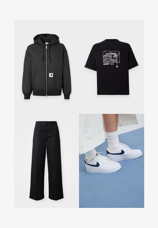 Melns kapuci jaka ar rāvējslēdzēju priekšpuses, ribotām piedurknēm un apakšējo daļu, kā arī kvadrātveida logo uzlīmi apakšējā priekšpusē. Izgatavota no viegla, gluda auduma.; Melnā kokvilnas T-kreklā ir īsas piedurknes. Uz priekša ir balti zirnekļa tīkla grafika un logo. Vienkārša noapaļota izgriezne.; Melni plaši bikses, izgatavotas no mīksta kokvilnas auduma. Tām ir klasiskas jostas, sānu kabatas un taisna griezuma apakša.; Balti Nike Air Force 1 kedai ar zila akcenta, caurspēra purngali, plakani šņores un gumijas zole, kombinēti ar ribotiem baltiem zeķēm.