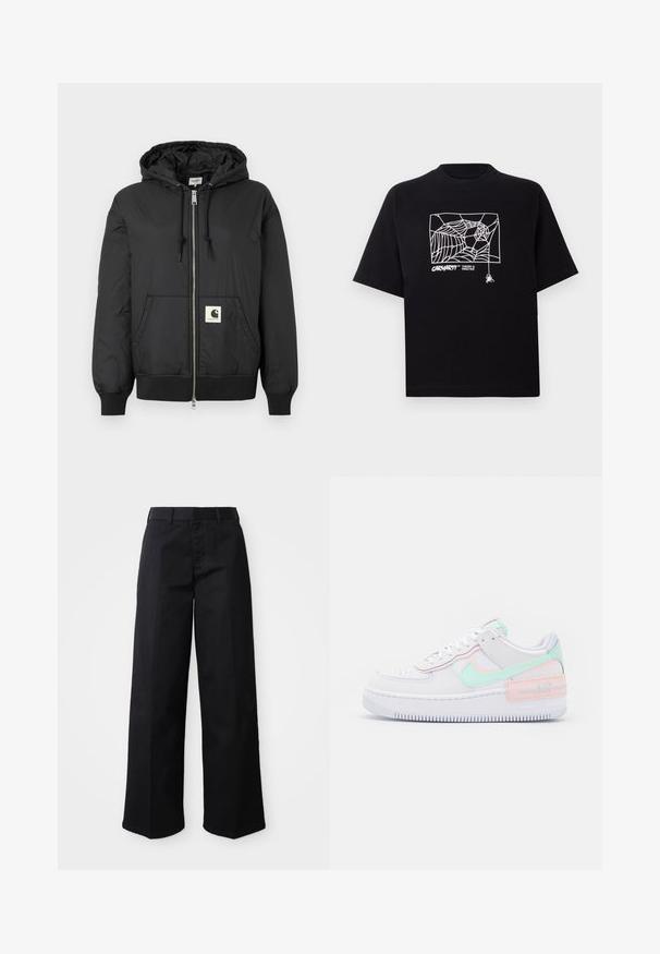 Fekete, kapucnis dzseki, elöl cipzárral, bordázott mandzsettákkal és hempergő aljjal, az alsó elején egy négyzet alakú logóval. Könnyű, sima anyagból készült.; Fekete pamut póló rövid ujjakkal. Elülső részén fehér pókhálós grafika és logó található. Egyszerű, kerek nyakú.; Fekete, bő szárú nadrág puha pamut anyagból. Klasszikus derékrésszel, oldalsó zsebekkel és egyenes szabással a szegélyig.; Fehér bőr sportcipő mentazöld pipa, lágy rózsaszín részletek, textúrált felsőrész és vastag fehér gumitalp, amelyen az "AIR" felirat látható.