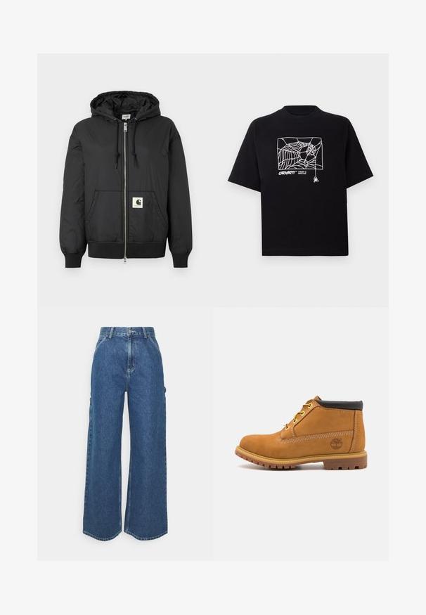 Svart huva jacka med zip-förfront, ribbade ärmar och nederkant, samt en fyrkantig logotyp på den nedre framsidan. Tillverkad av lätt, slät tyg.; Svart t-shirt i bomull med korta ärmar. Har en vit spindelnätgrafik och logotyp på framsidan. Enkel rundad halsringning.; Breda ljusblå denimbyxor med hög midja, kontrasterande sömmar och sidofickor, som har en klassisk femficksdesign och råa kanter.; Bruna mocka ankelsko med svart vadderad krage, gula ögon, och texturerad gummisula. Har en tryckt logotyp på sidan.