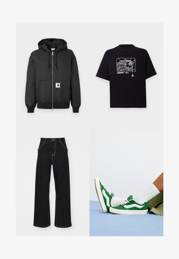 Black hooded jacket with a zip front, ribbed cuffs and hem, and a square logo patch on the lower front. Made from lightweight, smooth fabric.; Black T-shirt made of cotton with short sleeves. Features a white spider web graphic and logo on the front. Simple rounded neckline.; Black wide-leg jeans made of denim, featuring contrasting white stitching and a front button closure, with two angled front pockets.; Green suede sneakers with white accents, textured laces featuring pink details, and a tan rubber sole, worn with white socks and green shorts.