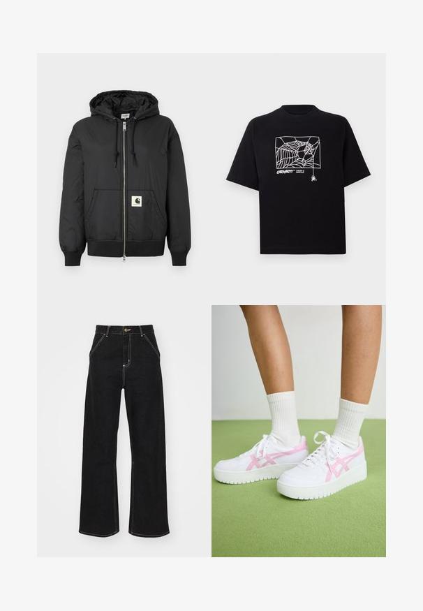 Black hooded jacket with a zip front, ribbed cuffs and hem, and a square logo patch on the lower front. Made from lightweight, smooth fabric.; Black T-shirt made of cotton with short sleeves. Features a white spider web graphic and logo on the front. Simple rounded neckline.; Black wide-leg jeans made of denim, featuring contrasting white stitching and a front button closure, with two angled front pockets.; White athletic sneakers with pink accents, textured panels, and thick rubber soles. Worn with white ribbed socks against a green background.