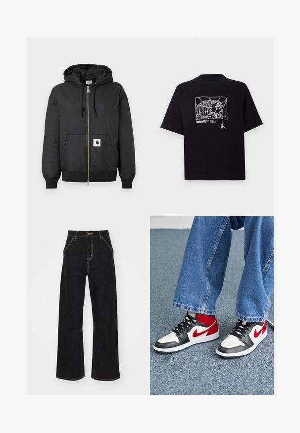 Crna jakna s kapuljačom, sa patentnim zatvaračem sprijeda, rebrastim manžetama i donjim rubom, te kvadratnom oznakom na donjem prednjem dijelu. Izrađena od laganog, glatkog materijala.; Crna majica kratkih rukava od pamuka. Na prednjoj strani sadrži zeleni grafički prikaz paukove mreže i logo. Jednostavna okrugla izreza.; Crne široke traperice izrađene od denima, s kontrastnim bijelim šavovima i prednjim kopčanjem na dugme, s dva koso oblikovana prednja džepa.; Crno-bijele i crvene visoke tenisice s glatkom kožnom gornjom površinom, okruglim prstom i kontrastnim Swoosh logom. Uparene su s širokim trapericama.