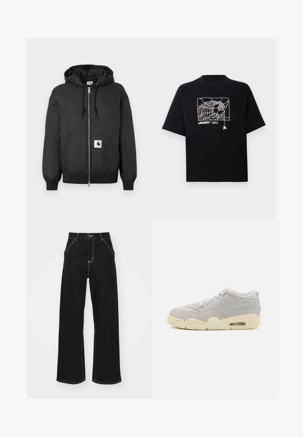 Black hooded jacket with a zip front, ribbed cuffs and hem, and a square logo patch on the lower front. Made from lightweight, smooth fabric.; Black T-shirt made of cotton with short sleeves. Features a white spider web graphic and logo on the front. Simple rounded neckline.; Black wide-leg jeans made of denim, featuring contrasting white stitching and a front button closure, with two angled front pockets.; Light gray sneaker with suede and mesh materials, round toe, flat lace-up design, subtle cream accents, and visible air cushioning detail.