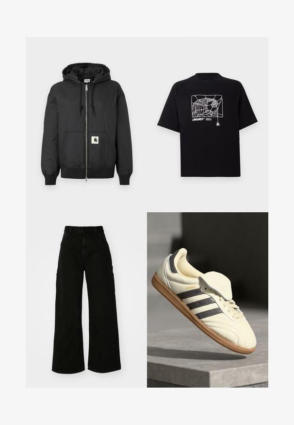 Must mustaga, millel on ees lukk, soonikkoesde ja alumise ääre soonik, ning ruudukujuline logo plaastriga alumises ees. Valmistatud kergest, siledast kangast.; Mustmust särgis, millel on lühikesed varrukad. Esipaneelil on valge ämblikuvõrgu graafika ja logo. Lihtne ümmargune kaelus.; Must musta laiad jõhkrad püksid, mis on valmistatud denimist, kõrge vöökoha, esise nupu sulgemise ja küljetaskutega. Sile tekstuur minimaalse õmblusega.; Kreem värvi nahast tennisetossid, millel on kolm tumedat triipu, pruun kummi tald ja ümardatud varvas. Omab volditavat keelt, millel on sildil "SAMBA."