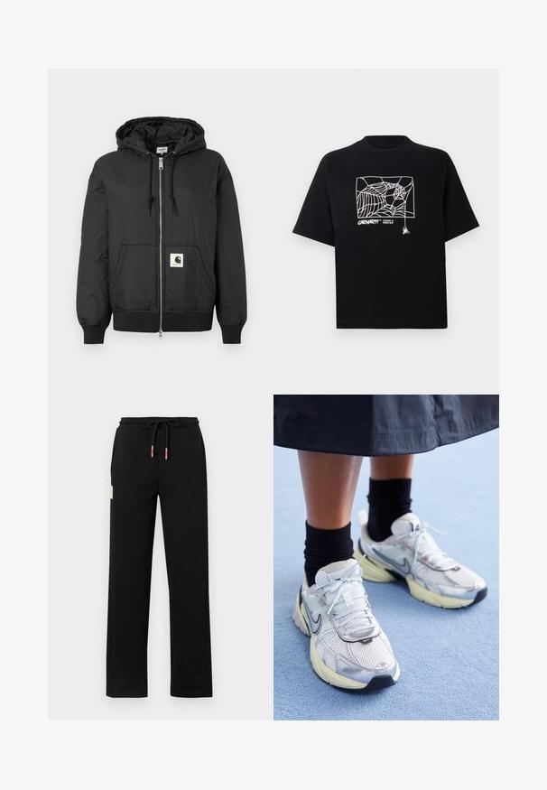 Black hooded jacket with a zip front, ribbed cuffs and hem, and a square logo patch on the lower front. Made from lightweight, smooth fabric.; Black T-shirt made of cotton with short sleeves. Features a white spider web graphic and logo on the front. Simple rounded neckline.; Black sweatpants with a drawstring waist, featuring red and white accents, side pockets, and a small label on the front. Smooth texture.; White and silver Nike sneakers with mesh fabric, reflective accents, and a beige sole. Worn with black socks, standing on a blue surface.