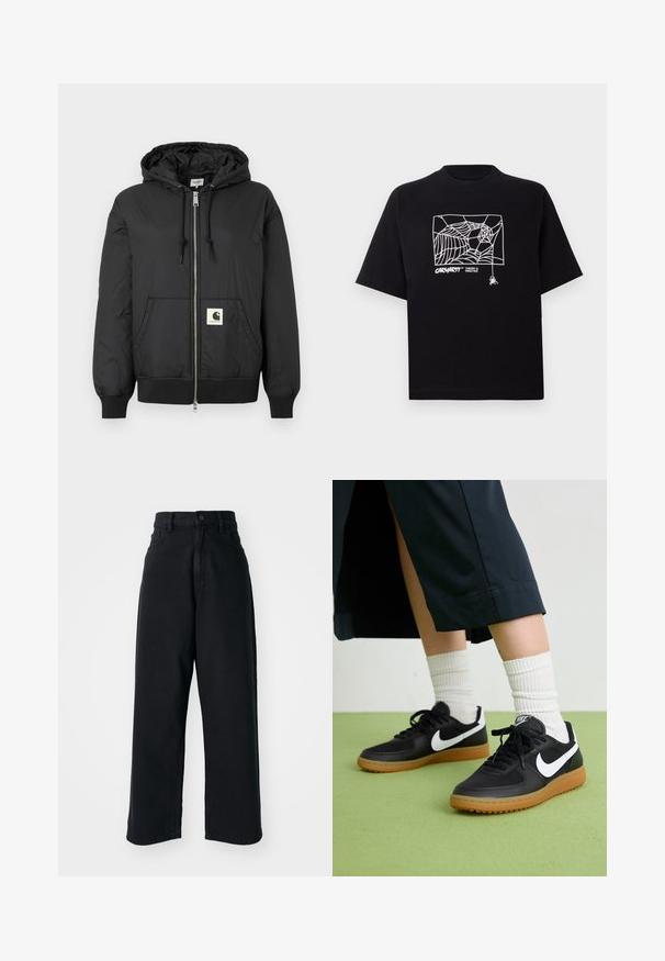 Svart hettejakke med glidelås foran, ribbede mansjetter og hem, samt en firkantet logo-patch nederst foran. Laget av lett og glatt stoff.; Svart T-skjorte laget av bomull med korte ermer. Har et hvitt edderkoppnett grafikk og logo på fronten. Enkel rund hals.; Svarte høyt midje breie jeans med frontlommer og knappestenging, vist mot en enkel hvit bakgrunn.; Sorte lær- og syntetiske joggesko med hvit Nike swoosh, gummisåle, rund tå og sorte lisser. Ribbet hvite sokker synlige.