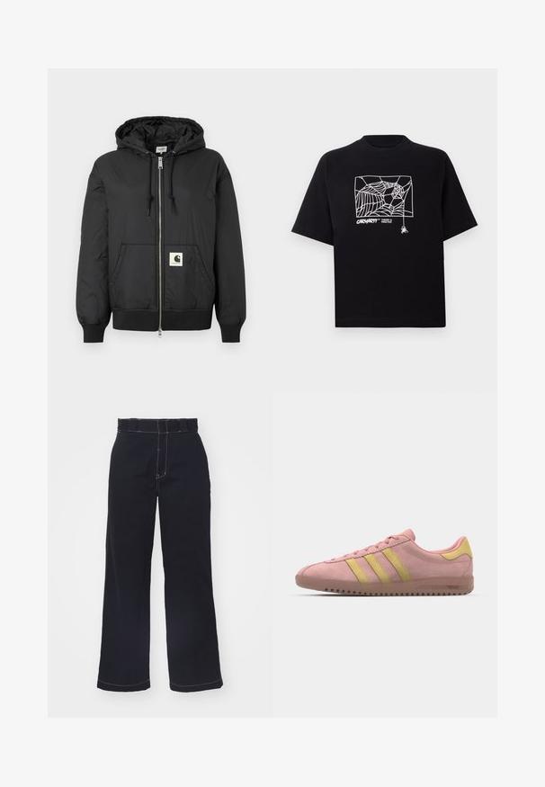 Black hooded jacket with a zip front, ribbed cuffs and hem, and a square logo patch on the lower front. Made from lightweight, smooth fabric.; Black T-shirt made of cotton with short sleeves. Features a white spider web graphic and logo on the front. Simple rounded neckline.; Dark blue wide-leg pants made of cotton with a high waist, featuring contrasting white stitching and a clean, simple design.; Pink suede sneaker with three yellow stripes, rounded toe, and textured rubber sole. Low profile design with a cushioned collar.