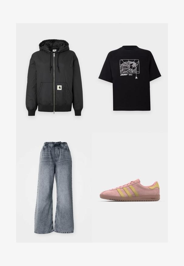 Black hooded jacket with a zip front, ribbed cuffs and hem, and a square logo patch on the lower front. Made from lightweight, smooth fabric.; Black T-shirt made of cotton with short sleeves. Features a white spider web graphic and logo on the front. Simple rounded neckline.; Gray wide-leg denim pants with an elastic waistband, drawstring closure, and side pockets. Faded texture throughout the fabric.; Pink suede sneaker with three yellow stripes, rounded toe, and textured rubber sole. Low profile design with a cushioned collar.