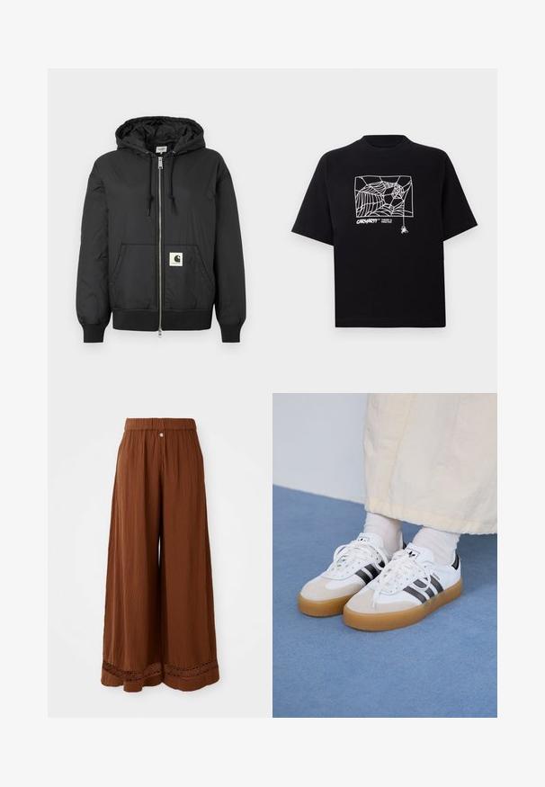 Giacca nera con cappuccio, dotata di zip frontale, polsini e orlo a coste, e una patch logo quadrata nella parte bassa anteriore. Realizzata in tessuto leggero e liscio.; Maglietta nera in cotone con maniche corte. Presenta una grafica e un logo a ragnatela bianca sul davanti. Scollo rotondo semplice.; Pantaloni larghi marroni realizzati in tessuto texturizzato, con una vita arricciata e dettagli in pizzo all'orlo.; Sneakers bianche con strisce nere e accenti in suede beige. Presentano una suola in gomma texturizzata e lacci bianchi piatti, indossate con calzini di colore chiaro.