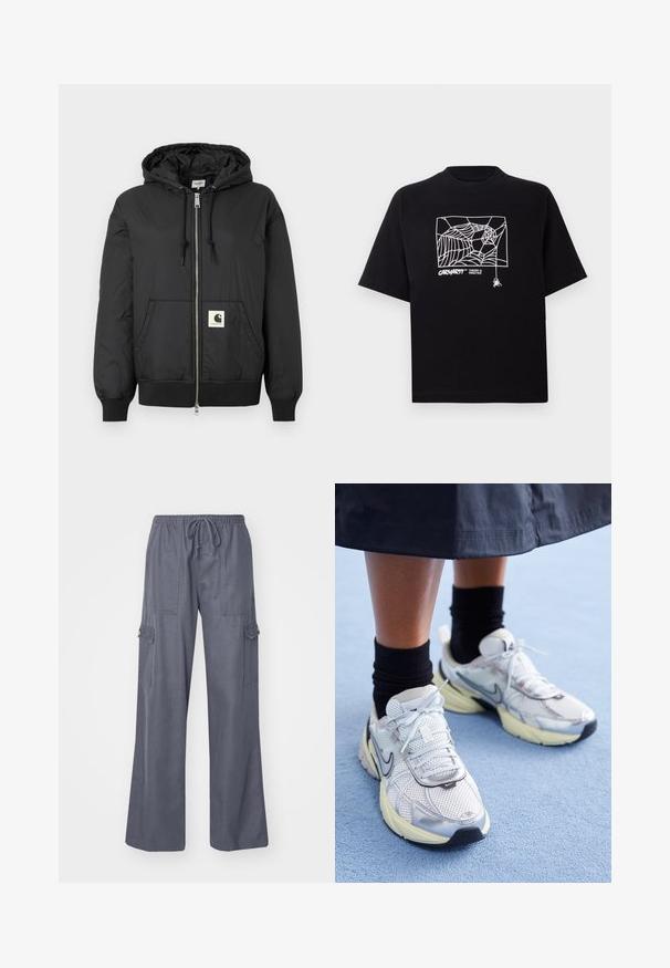 Black hooded jacket with a zip front, ribbed cuffs and hem, and a square logo patch on the lower front. Made from lightweight, smooth fabric.; Black T-shirt made of cotton with short sleeves. Features a white spider web graphic and logo on the front. Simple rounded neckline.; Gray cargo pants with a drawstring waist, wide legs, and two side pockets. Made from a soft, lightweight fabric.; White and silver Nike sneakers with mesh fabric, reflective accents, and a beige sole. Worn with black socks, standing on a blue surface.