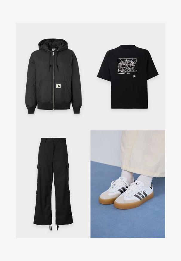 Giacca nera con cappuccio, dotata di zip frontale, polsini e orlo a coste, e una patch logo quadrata nella parte bassa anteriore. Realizzata in tessuto leggero e liscio.; Maglietta nera in cotone con maniche corte. Presenta una grafica e un logo a ragnatela bianca sul davanti. Scollo rotondo semplice.; Pantaloni cargo neri realizzati in un tessuto resistente, con tasche laterali, chiusura con bottone, design a gamba larga e lacci regolabili all'orlo.; Sneakers bianche con strisce nere e accenti in suede beige. Presentano una suola in gomma texturizzata e lacci bianchi piatti, indossate con calzini di colore chiaro.