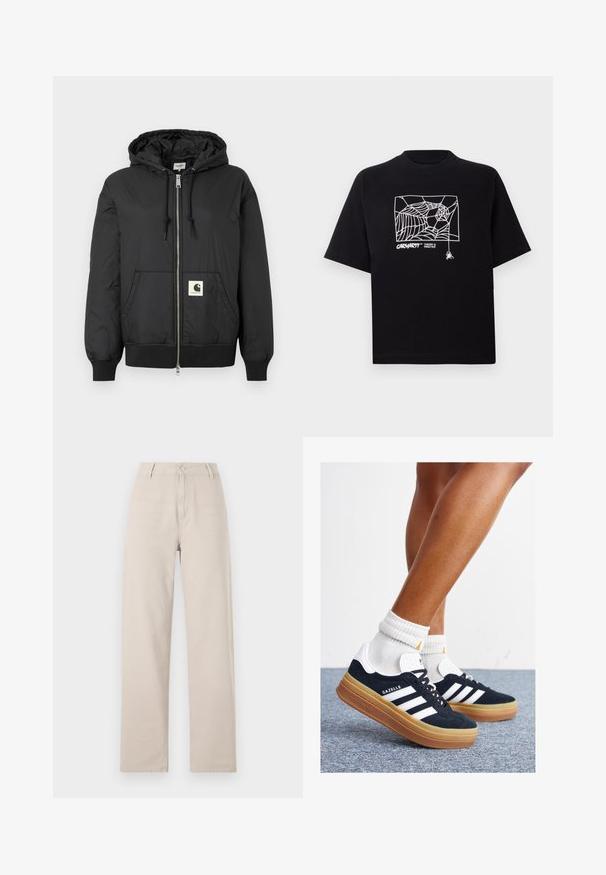 Giacca nera con cappuccio, dotata di zip frontale, polsini e orlo a coste, e una patch logo quadrata nella parte bassa anteriore. Realizzata in tessuto leggero e liscio.; Maglietta nera in cotone con maniche corte. Presenta una grafica e un logo a ragnatela bianca sul davanti. Scollo rotondo semplice.; Pantaloni beige a gamba larga in cotone, con chiusura frontale a bottone, passanti per cintura e una vestibilità classica con linee pulite.; Sneakers in pelle scamosciata nera con strisce e dettagli bianchi, punta arrotondata, suola in gomma color gomme, abbinate a calzini bianchi a coste alla caviglia.