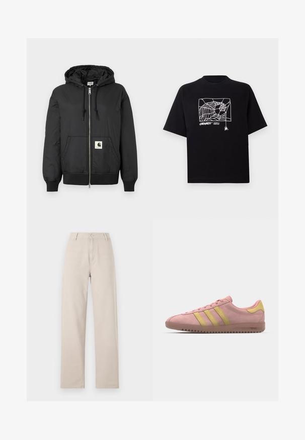 Svart huva jacka med zip-förfront, ribbade ärmar och nederkant, samt en fyrkantig logotyp på den nedre framsidan. Tillverkad av lätt, slät tyg.; Svart t-shirt i bomull med korta ärmar. Har en vit spindelnätgrafik och logotyp på framsidan. Enkel rundad halsringning.; Beige vida byxor i bomull, med knappstängning fram, bältesförslutningar och en klassisk passform med rena linjer.; Rosa mockaskin sneakers med tre gula ränder, rund tå och texturerad gummisula. Lågprofil design med vadderad krage.