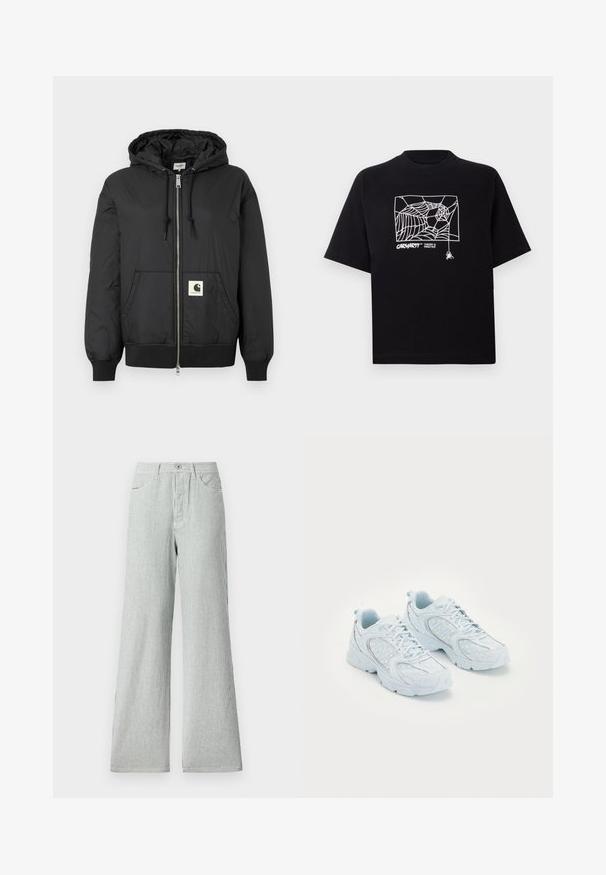 Czarna kurtka z kapturem, zapinana na zamek błyskawiczny, z prążkowanymi mankietami i dolnym hemem oraz kwadratową naszywką z logo z przodu na dole. Wykonana z lekkiego, gładkiego materiału.; Czarna koszulka z krótkim rękawem wykonana z bawełny. Na przodzie znajduje się biały nadruk w kształcie pajęczyny oraz logo. Prosty, zaokrąglony dekolt.; Spodnie o szerokich nogawkach w paski wykonane z lekkiego materiału, z pionowymi niebieskimi i białymi paskami, wysokim stanem i przednimi kieszeniami.; Jasnoniebieskie buty sportowe z siateczkową i syntetyczną cholewką, ozdobione białymi kropkami i odblaskowymi akcentami, z zapięciem na sznurowadła oraz amortyzującą podeszwą.