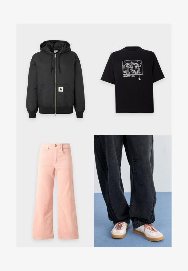 Schwarze Kapuzenjacke mit Reißverschluss, gerippten Bündchen und Saum sowie einem quadratischen Logo-Patch auf der unteren Vorderseite. Hergestellt aus leichtem, glattem Material.; Schwarzes T-Shirt aus Baumwolle mit kurzen Ärmeln. Mit einem weißen Spinnennetz-Graphic und Logo auf der Vorderseite. Einfacher runder Ausschnitt.; Rosa Cord-Accessoires mit weitem Bein und gerippter Textur, ausgestattet mit zwei frontalen Taschen und einem Metallknopfverschluss.; Schwarzeweite Jeans mit Frontnähten, kombiniert mit weißen und blassrosa Sneakern mit Gummisohle und rosa Schnürsenkeln.