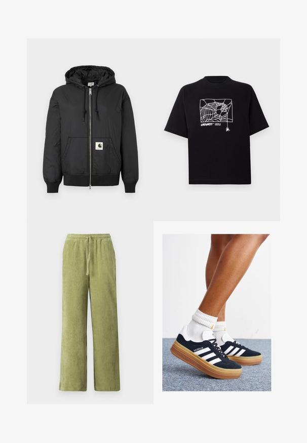 Black hooded jacket with a zip front, ribbed cuffs and hem, and a square logo patch on the lower front. Made from lightweight, smooth fabric.; Black T-shirt made of cotton with short sleeves. Features a white spider web graphic and logo on the front. Simple rounded neckline.; Green corduroy pants with a wide-leg design, elastic waistband, and drawstring detail. Vertical ridges in fabric create texture.; Black suede sneakers with white stripes and accents, rounded toe, gum rubber outsole, paired with white ribbed crew socks.