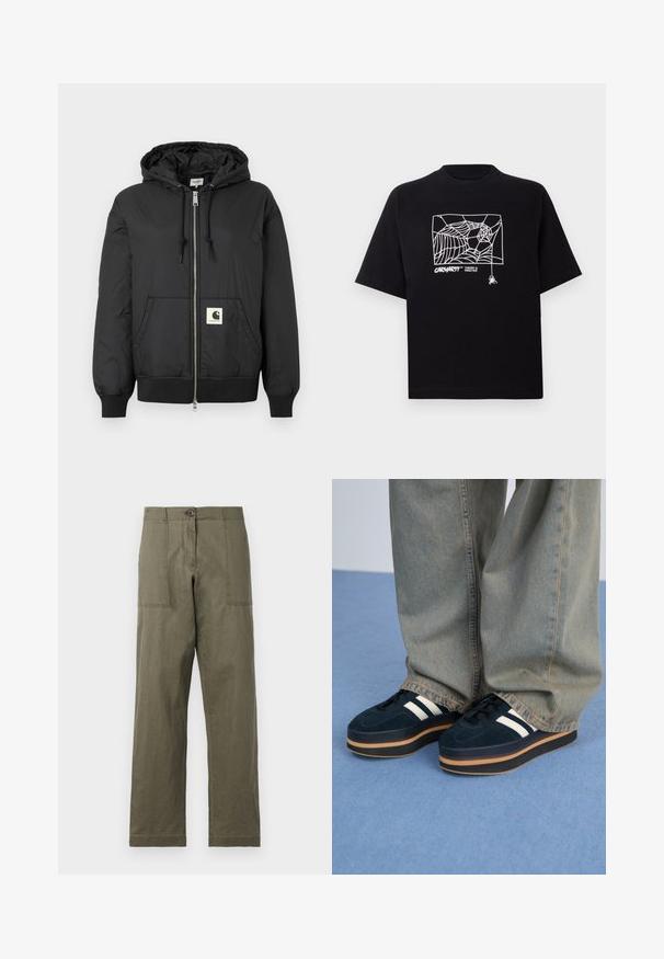 Black hooded jacket with a zip front, ribbed cuffs and hem, and a square logo patch on the lower front. Made from lightweight, smooth fabric.; Black T-shirt made of cotton with short sleeves. Features a white spider web graphic and logo on the front. Simple rounded neckline.; Olive green pants made of cotton, featuring a straight-leg design, two large side pockets, and a button closure at the waist.; Dark blue suede platform sneakers with white stripes and black laces. Features a thick brown rubber sole. Worn with light blue denim pants.