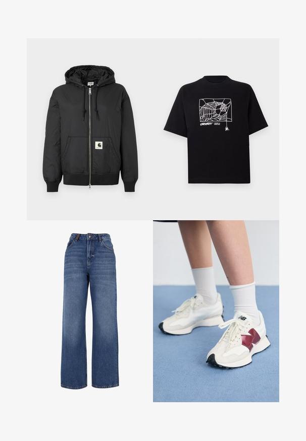 Black hooded jacket with a zip front, ribbed cuffs and hem, and a square logo patch on the lower front. Made from lightweight, smooth fabric.; Black T-shirt made of cotton with short sleeves. Features a white spider web graphic and logo on the front. Simple rounded neckline.; Wide-leg denim jeans made from medium-weight blue cotton fabric. Features classic five-pocket design and a zip fly with button closure.; Pair of white sneakers with maroon accents, textured panels, flat black outsole, and light laces, worn with white ankle socks.