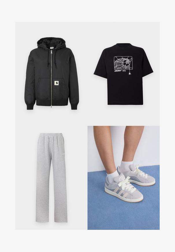 Black hooded jacket with a zip front, ribbed cuffs and hem, and a square logo patch on the lower front. Made from lightweight, smooth fabric.; Black T-shirt made of cotton with short sleeves. Features a white spider web graphic and logo on the front. Simple rounded neckline.; Light grey sweatpants with an elastic waistband, straight leg design, and a small white logo on the left thigh. Soft, textured fabric.; Gray suede sneakers with white laces and rubber sole, featuring three diagonal stripes on the side and a logo patch on the tongue.