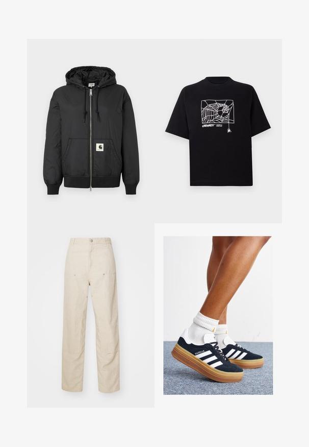 Black hooded jacket with a zip front, ribbed cuffs and hem, and a square logo patch on the lower front. Made from lightweight, smooth fabric.; Black T-shirt made of cotton with short sleeves. Features a white spider web graphic and logo on the front. Simple rounded neckline.; Beige linen pants with a relaxed fit, featuring side pockets and decorative stitching details, seamless waistband, and straight legs.; Black suede sneakers with white stripes and accents, rounded toe, gum rubber outsole, paired with white ribbed crew socks.