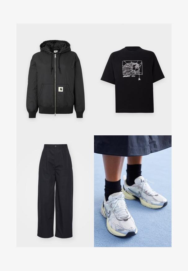 Veste à capuche noire avec fermeture éclair sur le devant, poignets et ourlet côtelés, et un patch logo carré sur le bas à l'avant. Fabriquée en tissu léger et lisse.; T-shirt noir en coton à manches courtes. Présente un graphisme de toile d'araignée blanche et un logo à l'avant. Encolure ronde simple.; Pantalons larges noirs en coton. Présentent une taille haute avec une fermeture à bouton et une texture lisse. Pas de motifs ou d'accents visibles.; Baskets Nike blanches et argentées avec tissu en maille, accents réfléchissants et semelle beige. Portées avec des chaussettes noires, se tenant sur une surface bleue.
