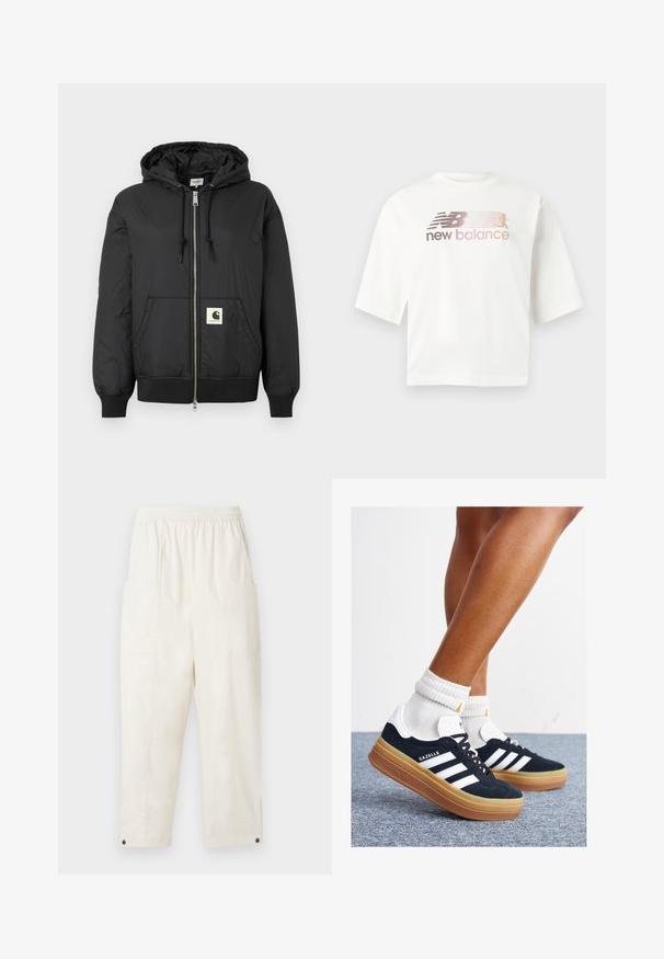 Veste à capuche noire avec fermeture éclair sur le devant, poignets et ourlet côtelés, et un patch logo carré sur le bas à l'avant. Fabriquée en tissu léger et lisse.; T-shirt blanc à manches courtes en coton, avec un logo dégradé en rose et gris et le texte "new balance" sous le logo.; Pantalons amples de couleur crème avec une taille élastique, des poches latérales et des accents de boutons à l'ourlet. Fabriqués en tissu lisse.; Baskets en daim noir avec des rayures et des accents blancs, bout arrondi, semelle extérieure en caoutchouc gomme, associées à des chaussettes blanches côtelées mi-mollet.