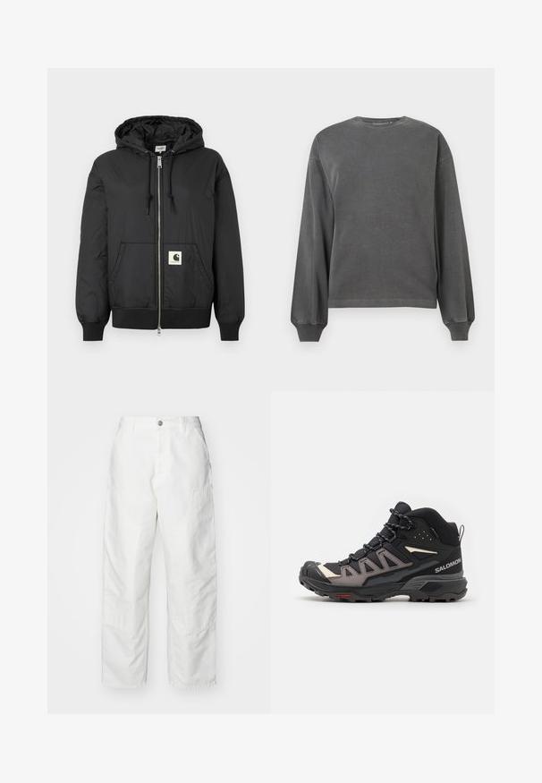 Black hooded jacket with a zip front, ribbed cuffs and hem, and a square logo patch on the lower front. Made from lightweight, smooth fabric.; Gray long-sleeve sweatshirt with a crew neck, made of soft fabric. Features ribbed cuffs and a relaxed fit. Minimalist design, no patterns.; White cargo pants made of denim, featuring a relaxed fit, side pockets, and visible stitching details. Plain front with a button closure.; Black and gray hiking boot with mesh and synthetic materials, rugged sole, lace-up design, and reinforced toe cap. Brand logo visible.