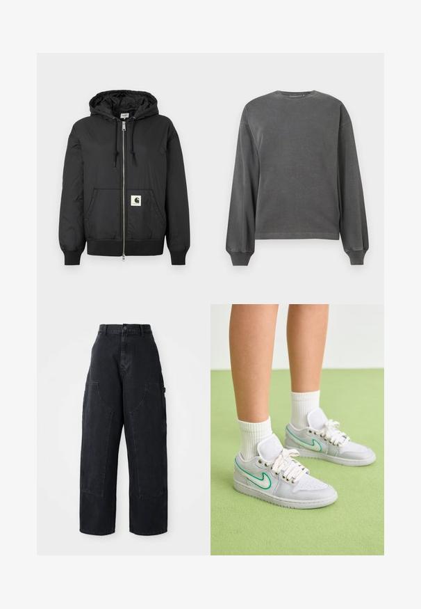 Fekete, kapucnis dzseki, elöl cipzárral, bordázott mandzsettákkal és hempergő aljjal, az alsó elején egy négyzet alakú logóval. Könnyű, sima anyagból készült.; Szürke, hosszú ujjú pulóver, kerek nyakkivágással, puha anyagból készült. Rugalmas mandzsetta és laza szabás jellemzi. Minimalista dizájn, minta nélkül.; Fekete, bő szárú, magas derekú farmernadrág, két nagy elülső zsebbel és gombos derékzárral. Simas textúra, hétköznapi dizájn.; Fehér sportcipők zöld részletekkel, textil felsőrész, párnázott boka, fehér fűzők; bordázott fehér zoknival viselve egy zöld háttér előtt.
