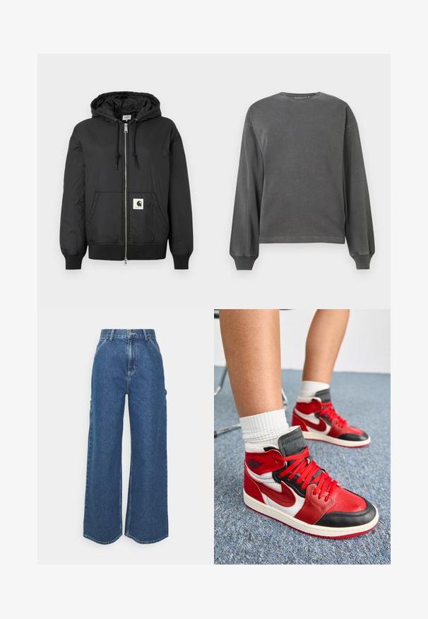 Black hooded jacket with a zip front, ribbed cuffs and hem, and a square logo patch on the lower front. Made from lightweight, smooth fabric.; Gray long-sleeve sweatshirt with a crew neck, made of soft fabric. Features ribbed cuffs and a relaxed fit. Minimalist design, no patterns.; Wide-leg blue denim trousers with a high waist, contrasting stitching, and side pockets, featuring a classic five-pocket design and raw hems.; High-top sneakers with a red, white, and black leather design. Features include a padded ankle collar and red laces on a white midsole.