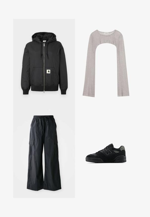 Musta hupullinen takki, jossa on vetskari edessä, ribbireunukset hihansuissa ja helmassa sekä neliölogo-ompelu alaosassa. Valmistettu kevyestä, sileästä kankaasta.; Hopeapintainen pitkähihainen paita, jossa on pyöreä pääntie ja leikattu kohta alapuolella. Valmistettu teksturoidusta kankaasta, jossa on vartalon myötäinen muotoilu ja levenevät hihat.; Mustat cargo-housut, jotka on valmistettu kevyestä kankaasta. Niissä on leveä lahkeidesigni, joustava vyötärö ja useita sivutaskuja. Yksinkertaiset ja käytännölliset.; Musta matalavartinen lenkkari, jossa on teksturoitu pohja, nauhakiinnitys, mokkapaneelit ja kuviolliset yksityiskohdat kantapäässä ja sivulogossa.