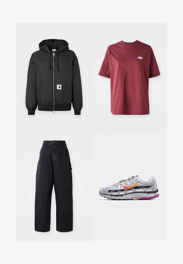 Melns kapuci jaka ar rāvējslēdzēju priekšpuses, ribotām piedurknēm un apakšējo daļu, kā arī kvadrātveida logo uzlīmi apakšējā priekšpusē. Izgatavota no viegla, gluda auduma.; Karmīda kokvilnas T-krekls ar apaļu kakla izgriezumu, īsām piedurknēm un mazu balto logo kreisajā krūškurvja rajonā. Gluda tekstūra, brīva piegrieztne.; Melni denim platā kāju kravātie bikses ar augstu jostas vietu, diviem lieliem priekšējiem kabatām un pogas aizdari jostas vietā. Gluda auduma struktūra, ikdienas dizains.; Pelēkie sieta skriešanas apavi ar izteiktu rozā un dzelteno zīmolzīmi, melniem akcentiem un teksturētu gumijas zoli. Iinclude pastiprinātu pirkstu daļu un mīkstinātu apkaklīti.