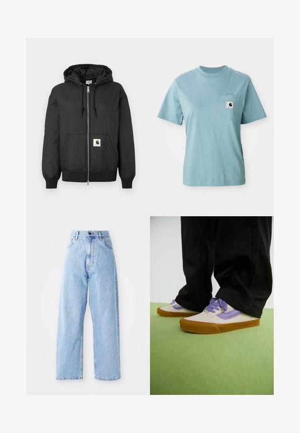 Črna kapučna jakna z zadrgo spredaj, rebrastimi manšetami in robom ter kvadratno logotipno nalepko na spodnjem sprednjem delu. Izdelana iz lahkega, gladkega materiala.; Svetlo modra kratkotrajna bombažna majica s kratkimi rokavi s prsno žepom, ki ima majhen črno-beli emblem Carhartt.; Visoko pasové svetlo modre jeans hlače s ravnimi širokimi nogavicami, sprednjim gumbom, zadrgo in sprednjimi ter zadnjimi žepi.; Svetlo bež teniske s vijoličnimi detajli, gumijastim podplatom in ravnimi vezalkami. Obute z črnimi hlačami, prikazane na zeleni teksturirani površini.