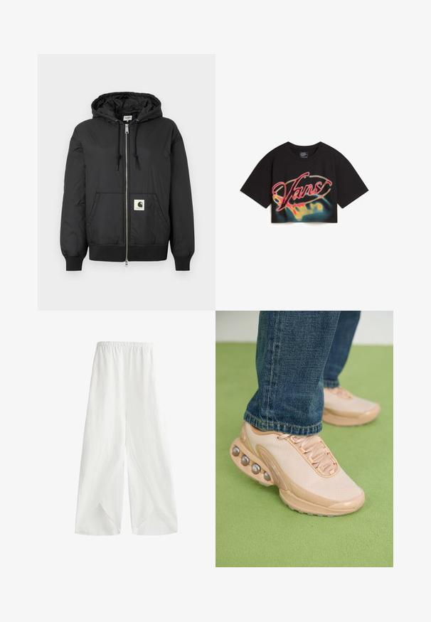 Schwarze Kapuzenjacke mit Reißverschluss, gerippten Bündchen und Saum sowie einem quadratischen Logo-Patch auf der unteren Vorderseite. Hergestellt aus leichtem, glattem Material.; Vans AFITERBURN RELAXED CROP - T-Shirt print - black; Weißer, weiter Hosen mit elastischem Bund und seitlichen Schlitzen aus leichtem Stoff für Atmungsaktivität und Bewegungsfreiheit.; Helle beige Sportschuhe verfügen über ein Obermaterial aus Mesh, eine Gummisohle und abgerundete Akzente mit metallischen Details. Tragen Sie sie mit blauen Jeans auf einer grünen Fläche.