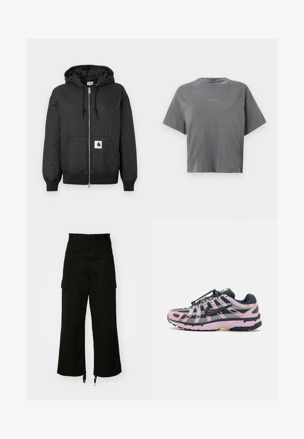 Juoda gobtuvo striukė su užtrauktuku priekyje, raukšlėtais rankogaliais ir apatine dalimi, bei kvadratiniu logotipo ženklu apatiniame priekyje. Pagaminta iš lengvos, lygaus audinio.; Pilkos spalvos trumpomis rankovėmis apkarpytas T-shirt su apvalia kaklo iškirpte ir mažuoju baltu "carhartt" logotipu centrinėje dalyje.; Juodi krovinių šortai, pagaminti iš medvilnės, su plačiais šonais, šoninėmis kišenėmis ir raišteliais apačioje. Dizainas apima sagos užsegimą talijoje.; Lengvas sportinis batelis su rožiniu ir pilku tinkleliu, juodais akcentais ir atspindinčiomis detalėmis; turi lanksčią padą ir elastingus raištelius.