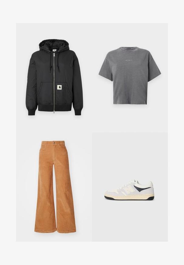 Veste à capuche noire avec fermeture éclair sur le devant, poignets et ourlet côtelés, et un patch logo carré sur le bas à l'avant. Fabriquée en tissu léger et lisse.; T-shirt cropped gris à manches courtes avec col rond et petit logo blanc "carhartt" centré à l'avant.; Pantalons en velours côtelé à jambes larges dans une teinte marron chaud, avec une taille haute, fermeture à bouton et deux poches avant. Texture lisse et détails de coutures visibles.; Baskets de sport en blanc, gris et noir. Comprend des matériaux en daim et textile, une pointe perforée et un logo sur le côté. Semelle en caoutchouc.