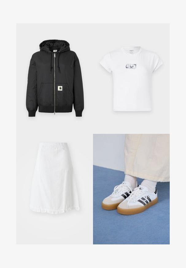 Juoda gobtuvo striukė su užtrauktuku priekyje, raukšlėtais rankogaliais ir apatine dalimi, bei kvadratiniu logotipo ženklu apatiniame priekyje. Pagaminta iš lengvos, lygaus audinio.; Balta medvilninė marškinėlis su trumpomis rankovėmis ir apvaliu iškirpimu, priekyje su tamsiai mėlynu "OBEY" grafikos užrašu. Lygus paviršius.; Balta sijonas su elastine juosta, turintis tekstūruotą raštą ir raukšlėtą apatinę dalį. Paprastas A formos dizainas.; Baltos sportbačiai su noir juostomis ir šviesiai rudos zomšos akcentais. Yra tekstūruota gumos padas ir plokščiomis baltomis raištelėmis, dėvimi su šviesiai spalvotomis kojinėmis.