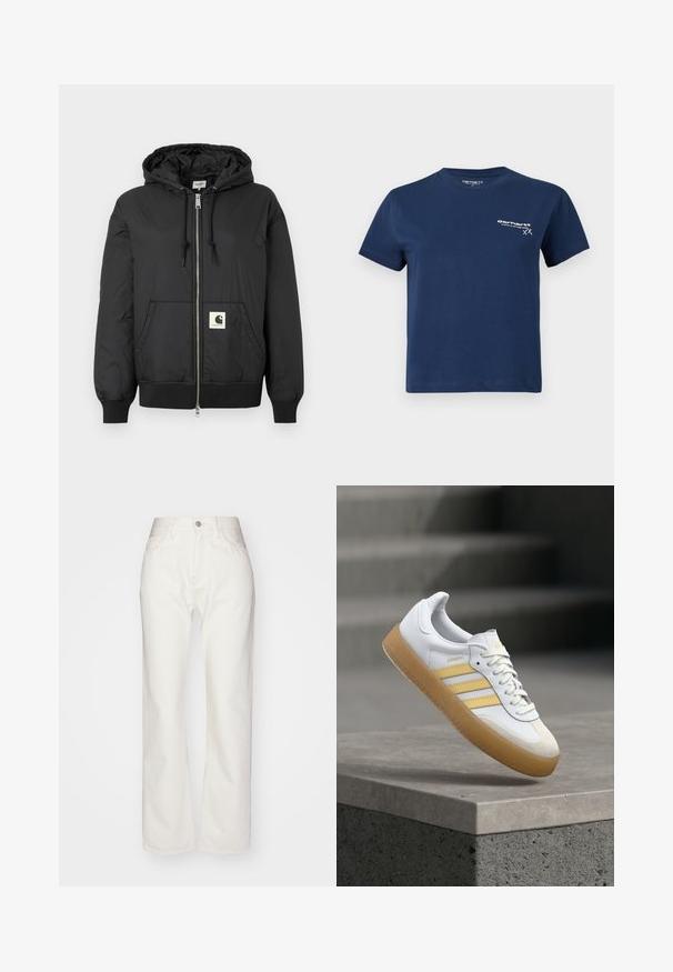 Black hooded jacket with a zip front, ribbed cuffs and hem, and a square logo patch on the lower front. Made from lightweight, smooth fabric.; Navy blue cotton t-shirt with short sleeves, round neckline, and a white logo printed on the front left side. Simple design, smooth texture.; White denim trousers with a high waist and wide-leg fit. Features a button and zipper closure, belt loops, and subtle stitching details.; White leather sneaker with yellow accents, three stripes, and a gum rubber sole. Features a rounded toe and textured tongue.