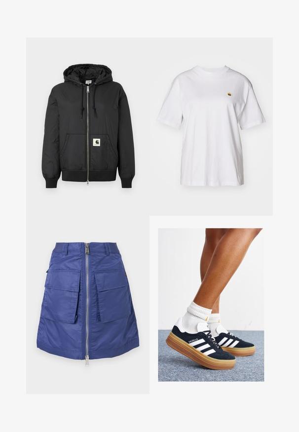 Giacca nera con cappuccio, dotata di zip frontale, polsini e orlo a coste, e una patch logo quadrata nella parte bassa anteriore. Realizzata in tessuto leggero e liscio.; Maglietta in cotone bianco con vestibilità rilassata, maniche corte e un piccolo logo ricamato sul lato sinistro del petto.; Gonna blu navy in nylon con chiusura frontale a zip. Presenta due grandi tasche applicate e una silhouette strutturata. Texture liscia.; Sneakers in pelle scamosciata nera con strisce e dettagli bianchi, punta arrotondata, suola in gomma color gomme, abbinate a calzini bianchi a coste alla caviglia.