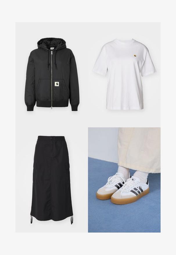 Sort hættejakke med lynlås foran, ribbede manchetter og kant, samt et firkantet logo-patch på den nedre front. Fremstillet af letvægts, glat stof.; Hvid bomulds-t-shirt med en afslappet pasform, korte ærmer og et lille broderet logo på venstre brystområde.; Sort mid-length nederdel lavet af letvægtsstof. Har en elastisk talje, knaplukning og sidelommer med snorede detaljer.; Hvide sneakers med sorte striber og beige ruskindsdetaljer. Har en tekstureret gummisål og flade hvide snørebånd, båret med lyse sokker.