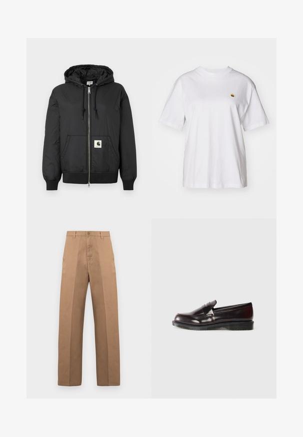 Černá mikina s kapucí, s předním zipem, žebrovanými manžetami a lemem, a čtvercovou nášivkou s logem na dolní části předního dílu. Vyrobena z lehkého, hladkého materiálu.; Bílý bavlněný tričko s volným střihem, krátkými rukávy a malým vyšívaným logem na levé části hrudi.; Hnědé bavlněné kalhoty se střihem se širšími nohavicemi, s knoflíkovým zapínáním, poutky na pásek a minimem švů pro čistý vzhled.; Burgundské kožené mokasíny s hladkým povrchem, vyvýšeným švem a gumovou podrážkou. Navrženy s kulatou špičkou a minimálním množstvím kovových částí.